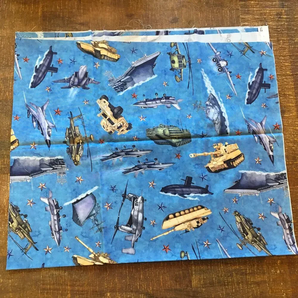 All American QT Fabric 1 yd Dan Morris Military Vehicles Blue 27615 Cotton